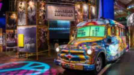 School bus painted in psychedelic colors at The Museum at Bethel Woods.