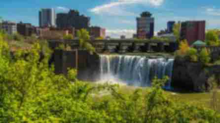 The skyline of Rochester with High Falls in the middle, New York