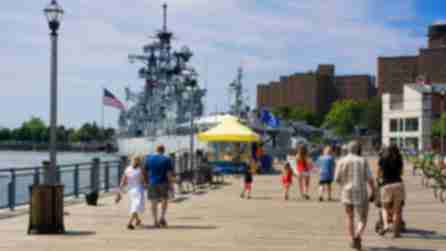 People on the boardwalk at Canalside in Buffalo, NY.
